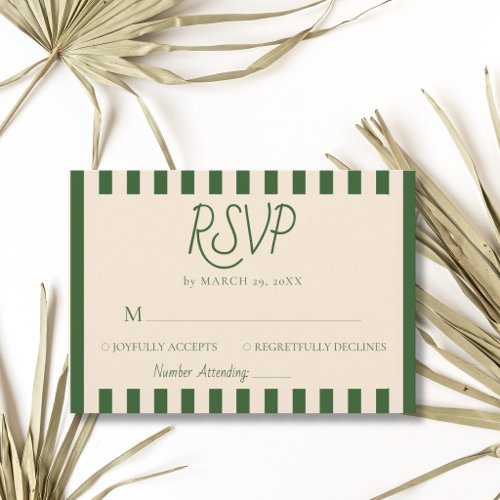 Bottle Green Stripes Retro Minimalist Wedding RSVP Card