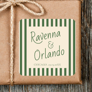 Bottle Green Stripes Retro Minimalist Wedding Square Sticker