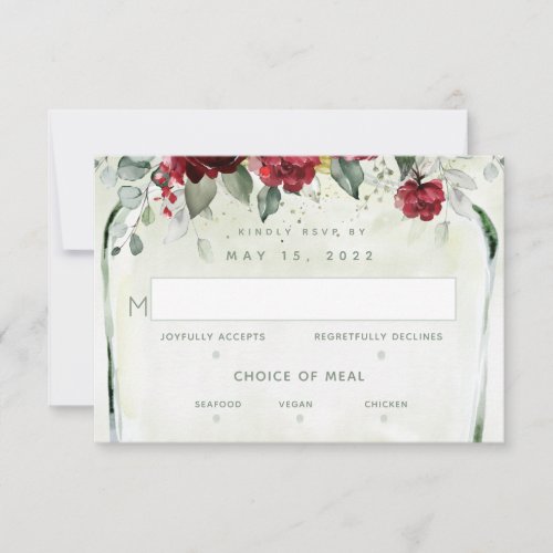 Bottle Of Peonies Wedding 3 Meal Choice RSVP Card
