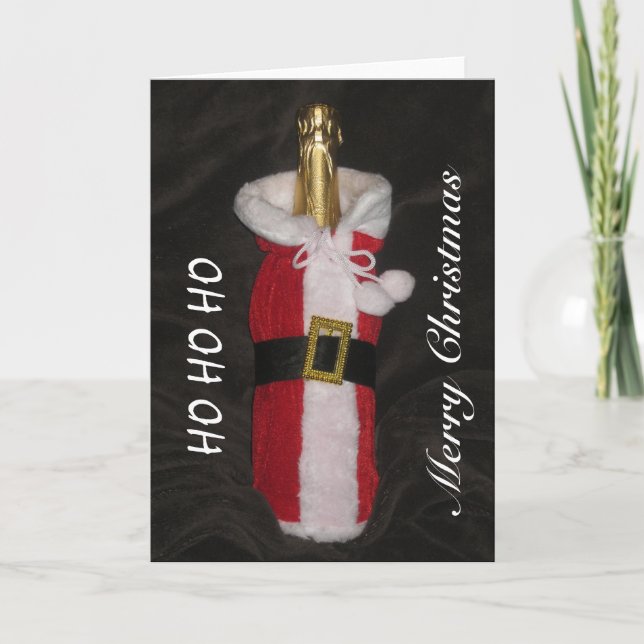 Bottle Of Wine In Santa Suit Merry Christmas Card (Front)