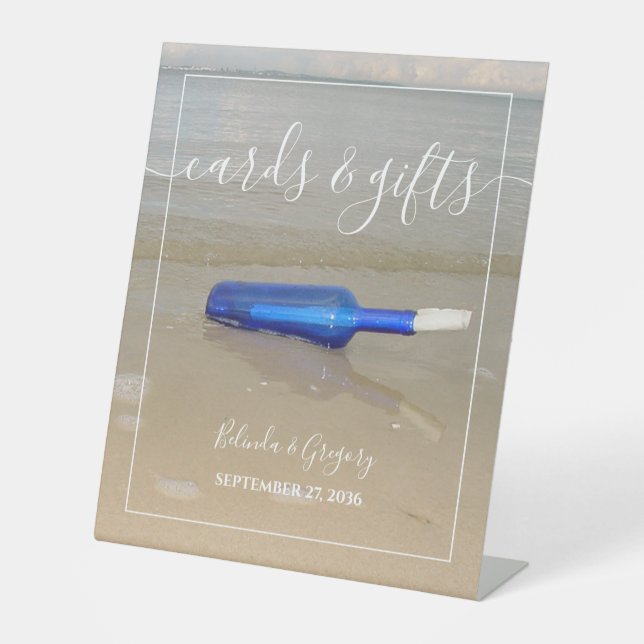 Bottle On Beach Sand Wedding Cards & Gifts Pedestal Sign (Front)