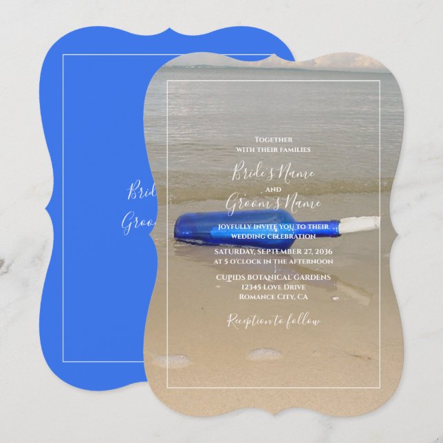 Bottle On Beach Sand Wedding Invitation (Front/Back)