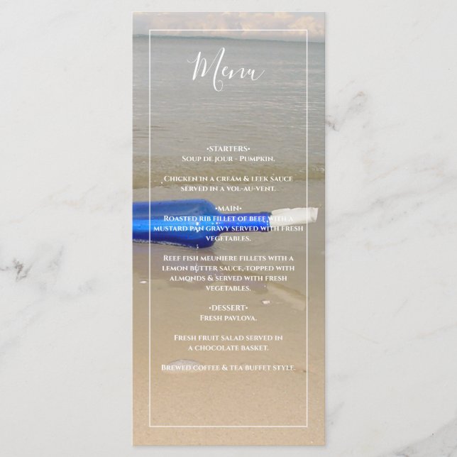 Bottle On Beach Sand Wedding Menu (Front)