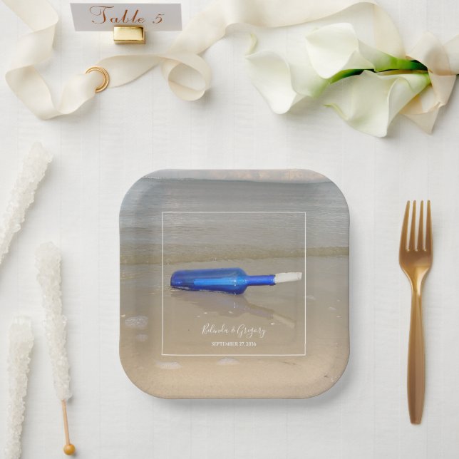 Bottle On Beach Sand Wedding  Paper Plates (Wedding)