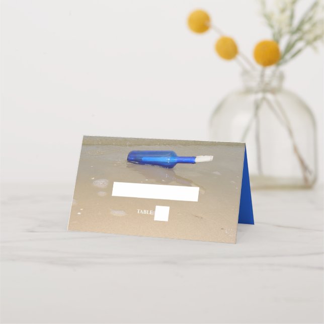 Bottle On Beach Sand Wedding Place Card (Front)