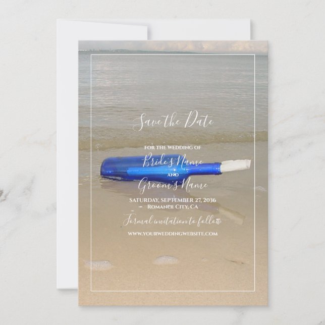 Bottle On Beach Sand Wedding Save The Date (Front)