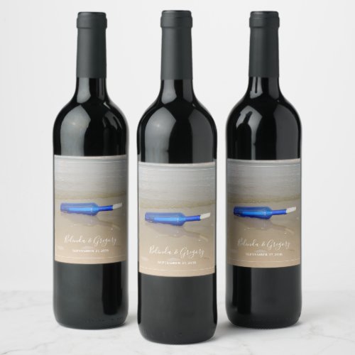 Bottle On Beach Sand Wedding Wine Label