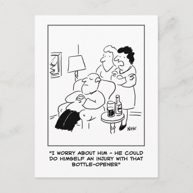 Bottle opener injury cartoon. Funny Postcard (Front)