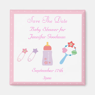 Bottle & Rattle Pink Save The Date Baby Shower Magnet