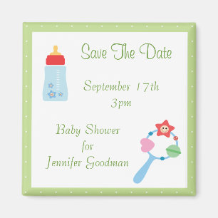 Bottle & Rattle Save The Date Baby Shower Magnet