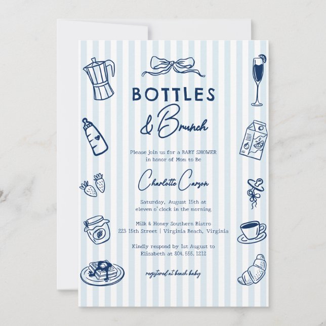 Bottles and Brunch Doodle Baby Shower QR Code  Invitation (Front)