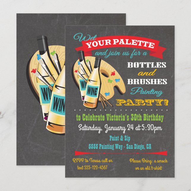 Bottles and Brushes Painting and Sip Art Party Invitation (Front/Back)