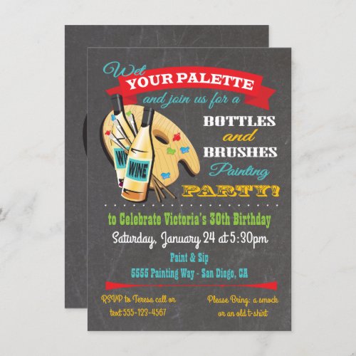 Bottles and Brushes Painting and Sip Art Party Invitation