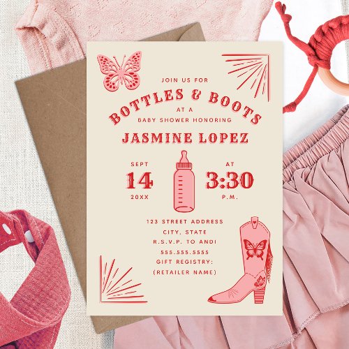 Bottles  Boots Butterfly Cowgirl Baby Shower Invitation