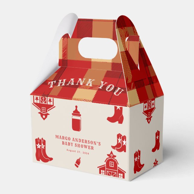 Bottles & Boots Cowboy Retro Red Baby Shower Favor Boxes (Front Side)