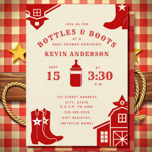 Bottles & Boots Cowboy Retro Red Baby Shower Invitation