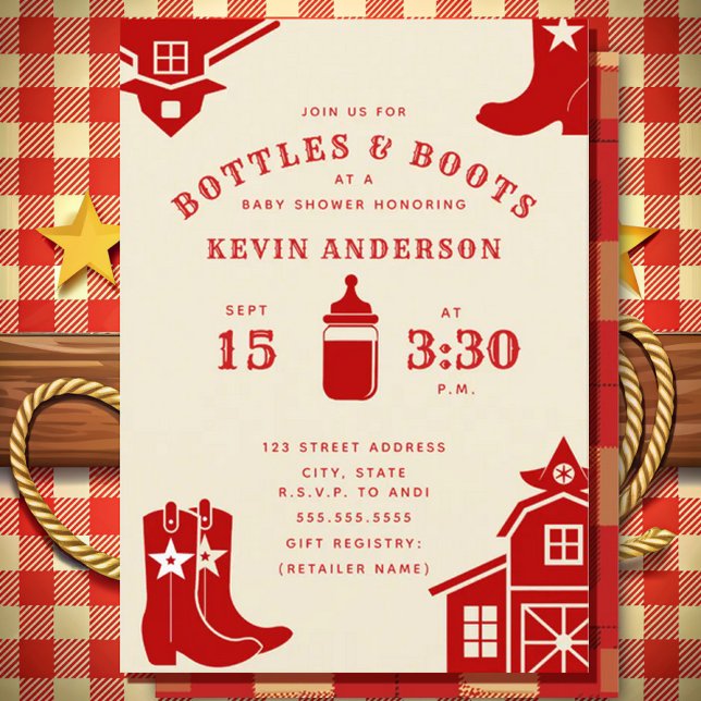 Bottles & Boots Cowboy Retro Red Baby Shower Invitation (Creator Uploaded)