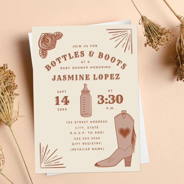 Bottles & Boots Cowgirl Baby Shower Terracotta Tan Invitation (Creator Uploaded)