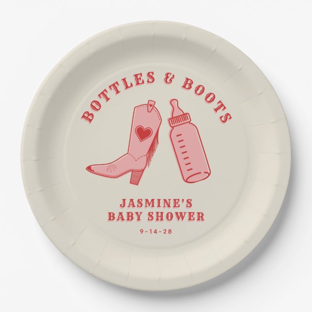 Bottles & Boots Cowgirl Western Pink Baby Shower Paper Plates (Front)