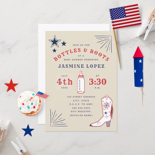 Bottles  Boots Red White Blue Cowboy Baby Shower Invitation