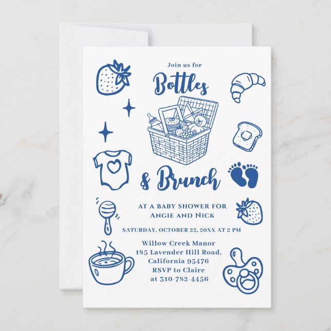 Bottles & Brunch Doodle Blue Boy Baby Shower  Invitation (Front)