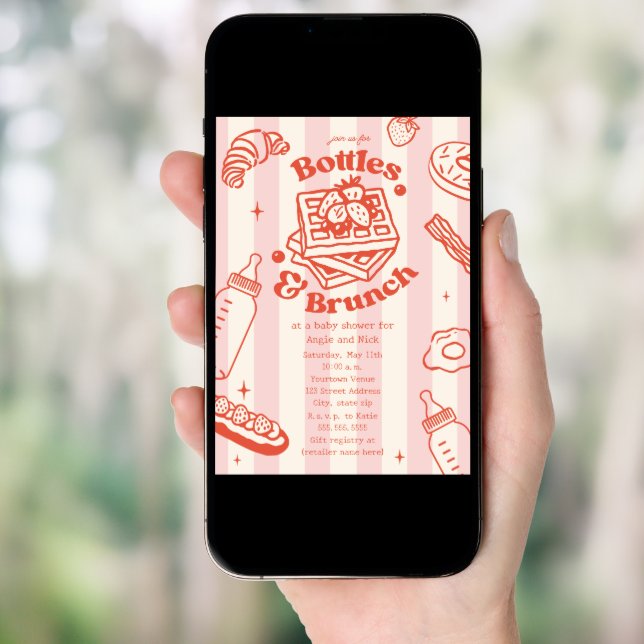 Bottles & Brunch Doodle Pink Girl Baby Shower Invitation (Front Digital)