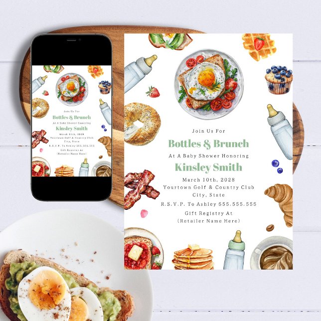 Bottles + Brunch Neutral Baby Shower Breakfast  Invitation (Creator Uploaded)