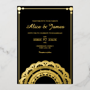 Bottom Mandala Classic Black Gold Foil Wedding Invitation