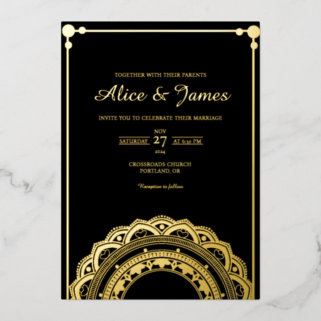 Bottom Mandala Classic Black Gold Foil Wedding Invitation (Front)