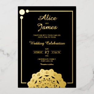 Bottom Mandala Elegant Black Gold Foil Wedding Invitation