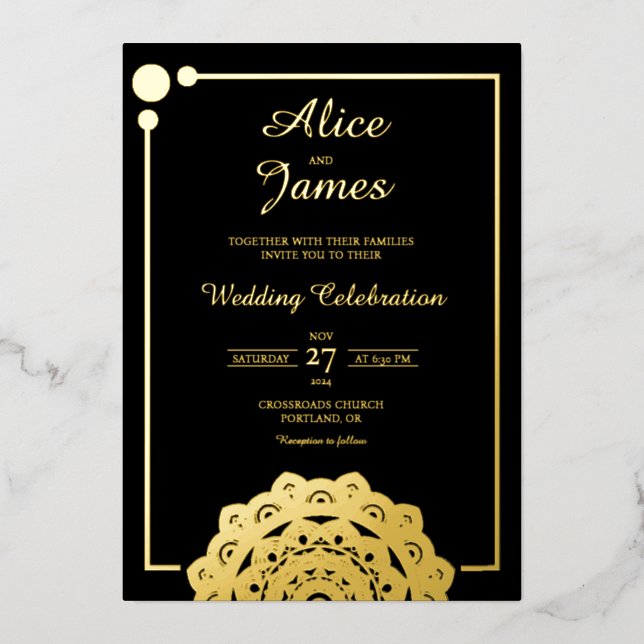 Bottom Mandala Elegant Black Gold Foil Wedding Invitation (Front)