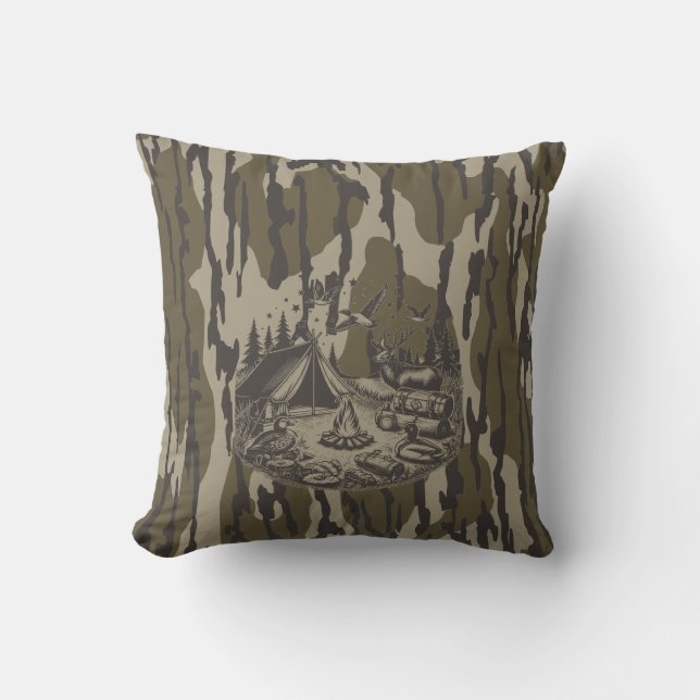 Bottomland Camo Camping Gear Camo Throw Pillow (Front)