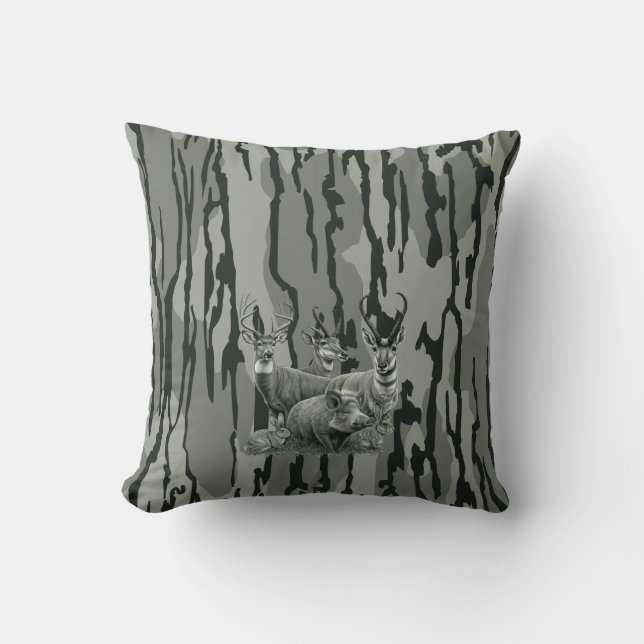 Bottomland Camo Whitetail Deer Mule Deer Pronghorn Throw Pillow (Front)