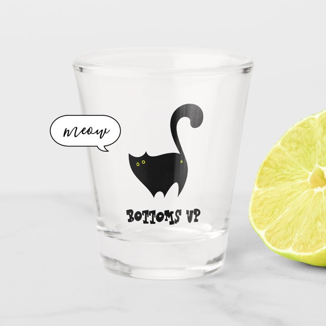 Bottoms Up Black Cat Cute Funny Kitty Cartoon Shot Glass (Creator Uploaded)