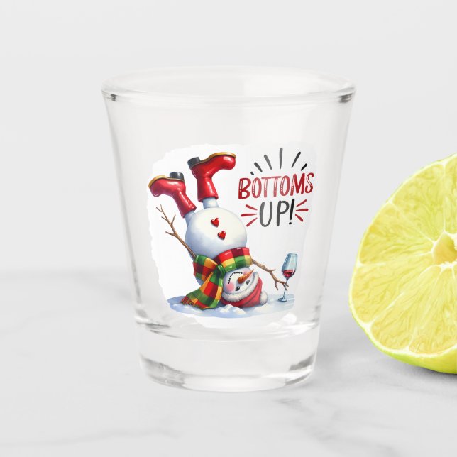 Bottoms up cute Snowman Drinking Wine Shot Glass (Front)