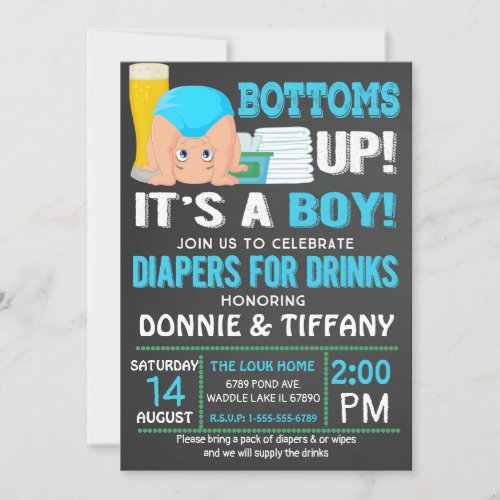 Bottoms Up Diapers for Drinks Its a Boy Invitation