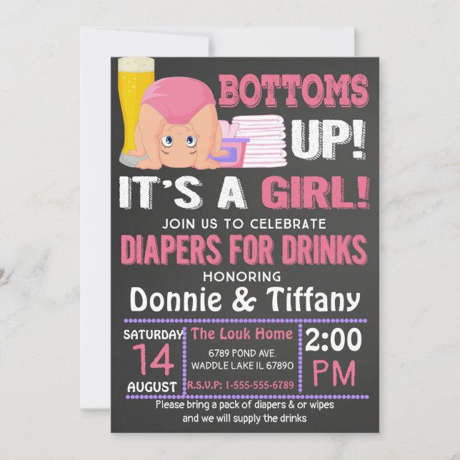 Bottoms Up Diapers for Drinks It's a Girl Invitation (Front)