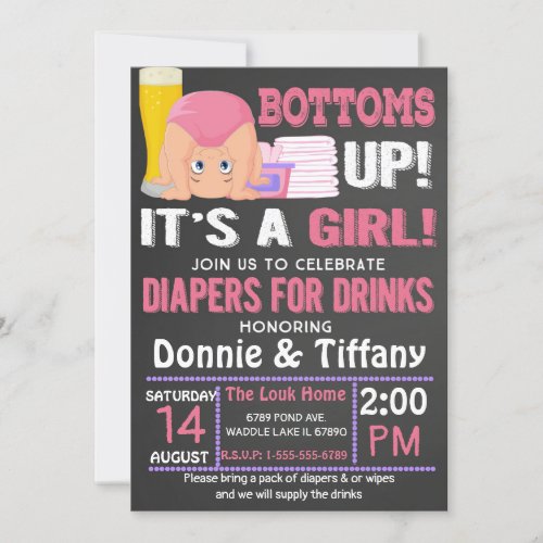 Bottoms Up Diapers for Drinks Its a Girl Invitation