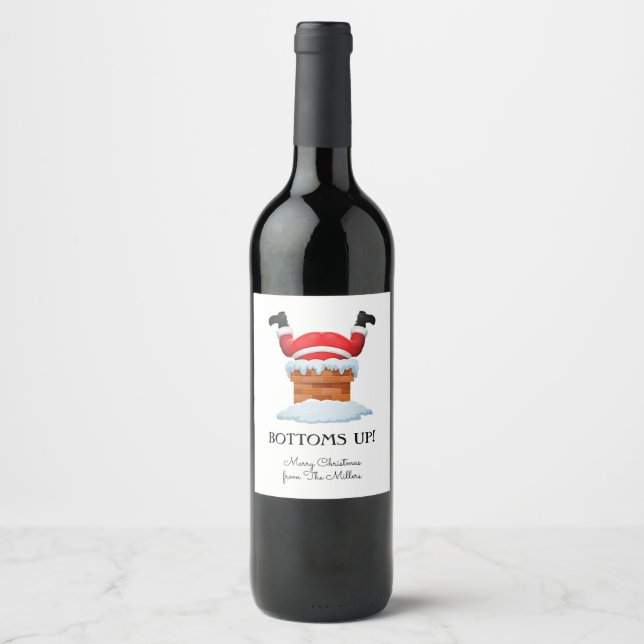 Bottoms Up Santa Holiday Wine Label (Front)