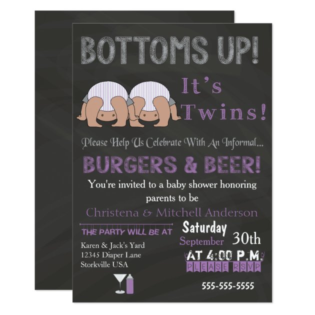 Bottoms Up Twins Baby Shower Invitation