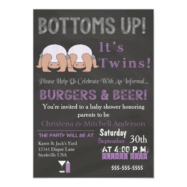 Bottoms Up Twins Baby Shower Invitation
