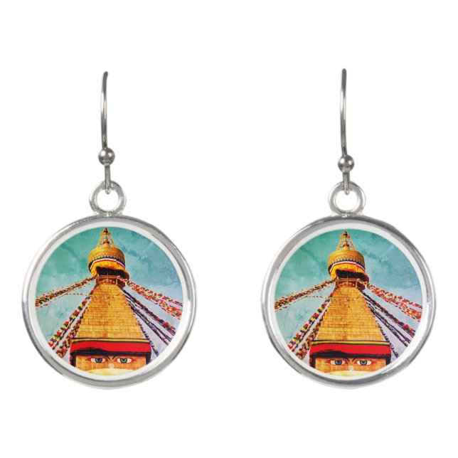 Boudhanath Stupa, Buddha Eyes, Himalayas, Nepal Earrings (Front)