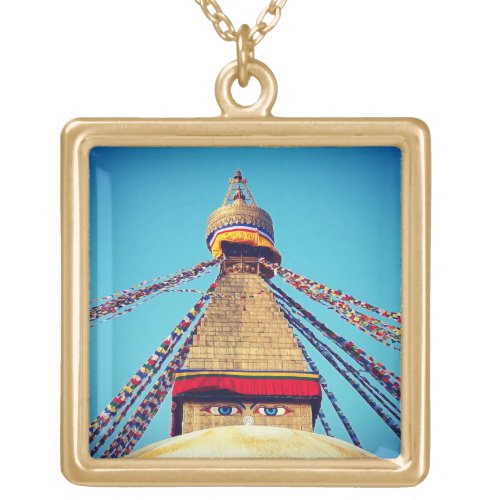 Boudhanath Stupa Buddha Eyes Himalayas Nepal Gold Plated Necklace