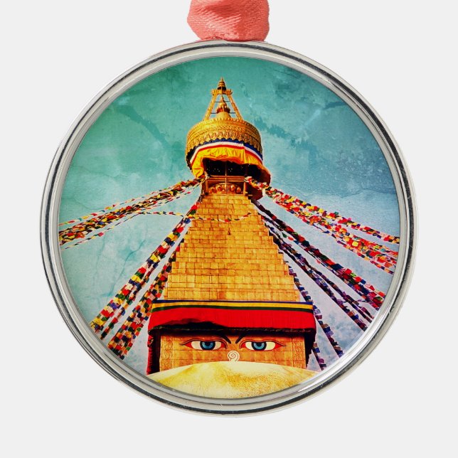 Boudhanath Stupa, Buddha Eyes, Himalayas, Nepal Metal Ornament (Front)