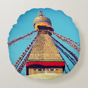 Boudhanath Stupa, Buddha Eyes, Himalayas, Nepal Round Pillow