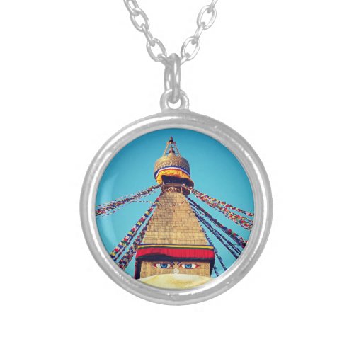Boudhanath Stupa Buddha Eyes Himalayas Nepal Silver Plated Necklace