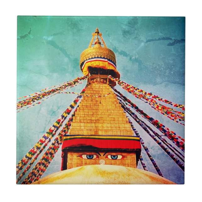 Boudhanath Stupa, Buddha Eyes, Kathmandu, Nepal Ceramic Tile (Front)