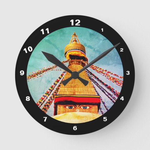 Boudhanath Stupa  Buddha _ Nepal Vintage dharma Round Clock