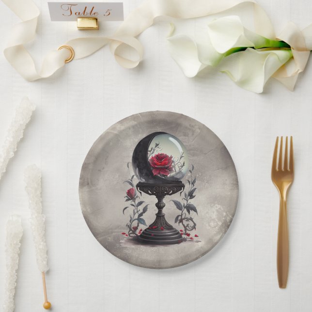 Boudoir | Crystal Ball Crescent Moon Red Roses Paper Plates (Wedding)
