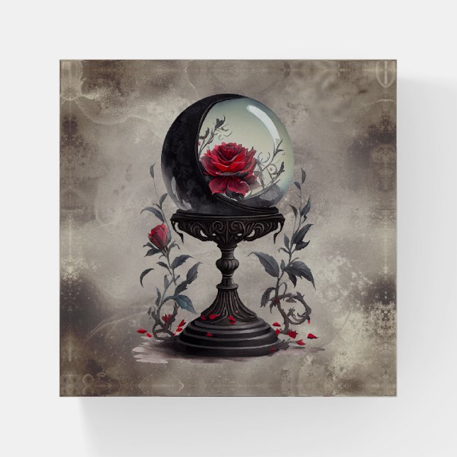 Boudoir | Crystal Ball Crescent Moon Red Roses Paperweight (Front)
